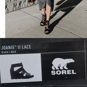 Sorel Joanie II Lace up Wedge Sandals in Black Leather. EUC size 10/ 41